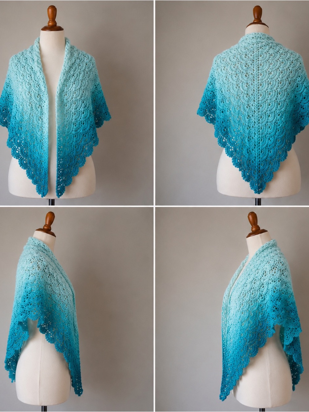 Handmade Blue Ombre Crochet Shawl & Fingerless Gloves 3 Piece Set Boho Lace